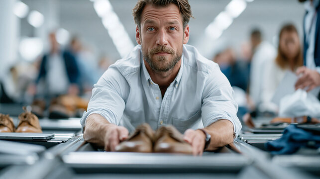 A stressed traveler juggling shoes, laptop, belt and liquids bag across multiple security screening trays in a long busy airport security checkpoint queue, trying to keep up with t