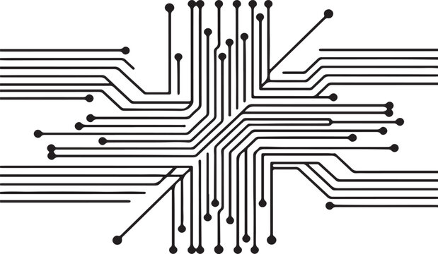 technology Top-Down Microchip Illustration With Circuit Traces Radiating From Central Processor Chip On White Background.
