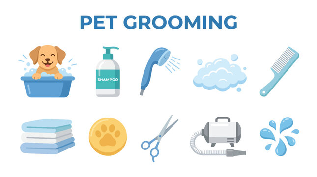 Pet grooming icons collection featuring a cute dog bath vector