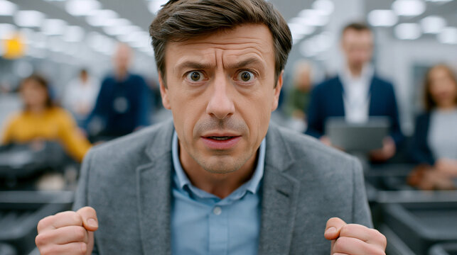 A stressed traveler juggling shoes, laptop, belt and liquids bag across multiple security screening trays in a long busy airport security checkpoint queue, trying to keep up with t