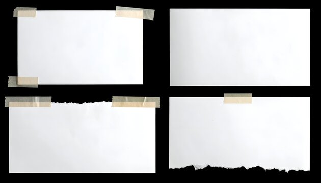 Four blank white papers taped to a black background; one ripped