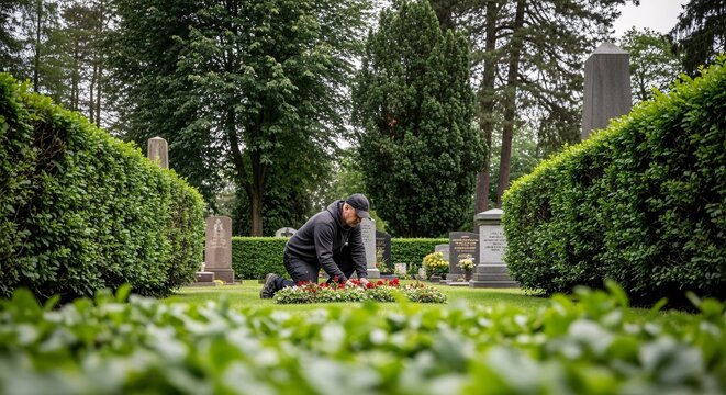 Respectful person tending to grave in a peaceful cemetery with lush greenery and tall trees creating a serene atmosphere for remembrance and reflection