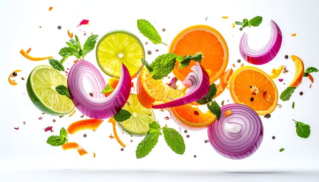 Vivid, levitating food arrangement features sliced citrus, onion, herbs, and spices
