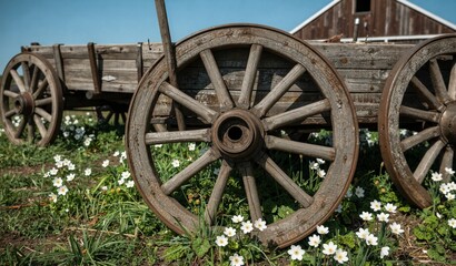 Obraz premium Rustic wooden wagon wheels and carriage in a field of white flowers near a weathered barn under a clear blue sky.