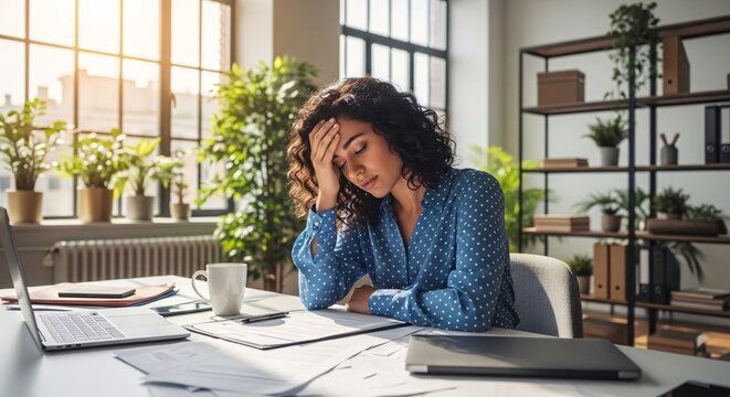 Overwhelmed woman sitting at cluttered desk in bright modern office with plants and shelves feeling stressed or frustrated with work or deadlines during daytime