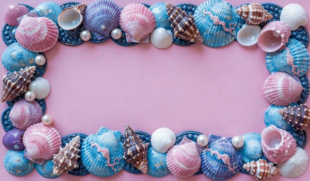 Seashell and pearl decorative frame in vibrant blue and pink hues on a soft pink background, perfect for ocean-themed designs.