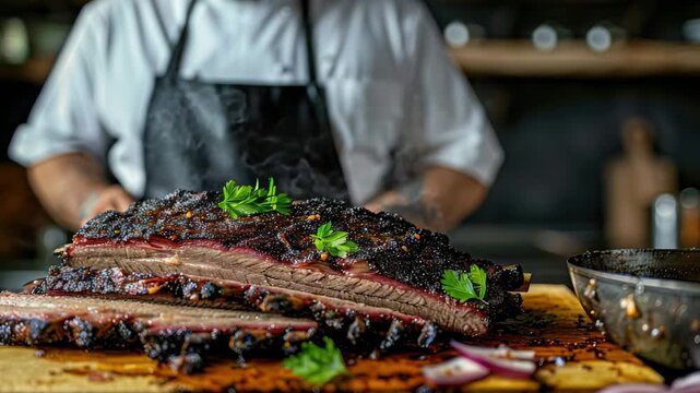 Chef presenting platter of smoked barbecue ribs with garnish in rustic kitchen setting