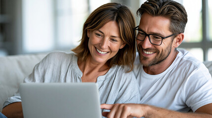 Fototapeta premium Commercial stock photo of an adult Caucasian couple sitting together on a sofa reviewing mortgage paperwork on a laptop, man in his late 30s with short brown hair and glasses weari