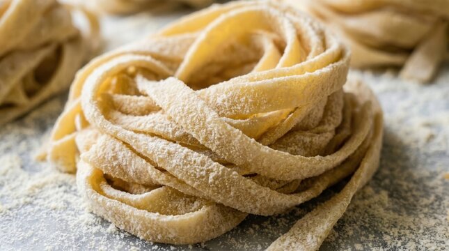 Raw homemade fettuccine pasta nest sprinkled with flour. Traditional Italian food preparation process. Culinary background for cooking blog or restaurant menu design. Organic dough.