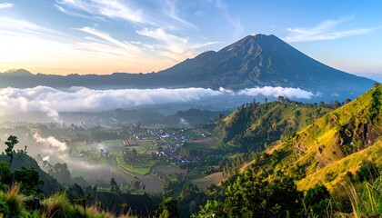 Obraz premium Panoramic vista of lush, hilly landscape featuring a towering mountain peak and village