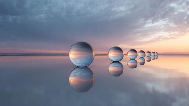 Floating glass spheres over reflective surface creating dreamy symmetry