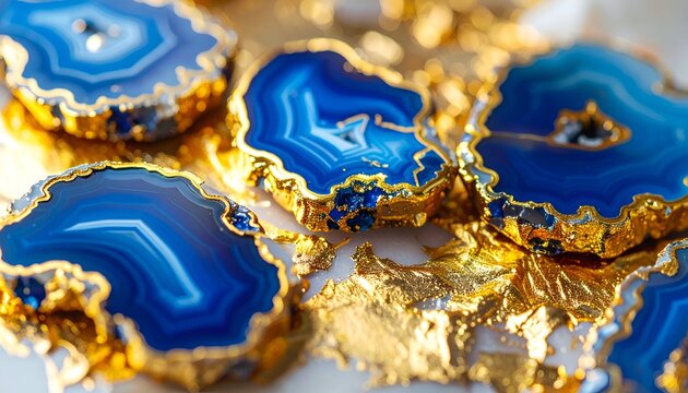 Close-up of polished blue agate slices edged in gold foil, on a reflective surface