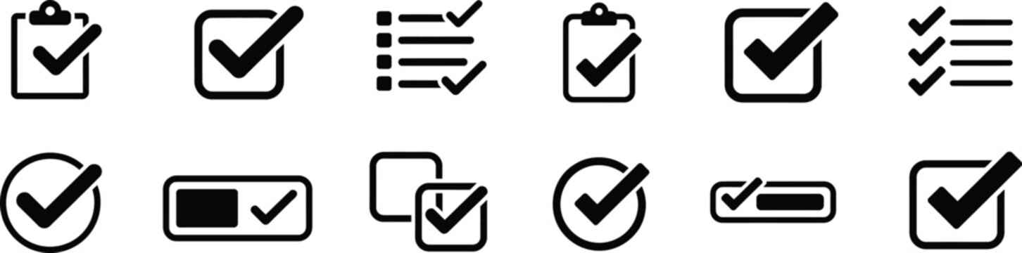 Selection of checkmark icons, confirmation symbols for tasks, completed items and verification processes.