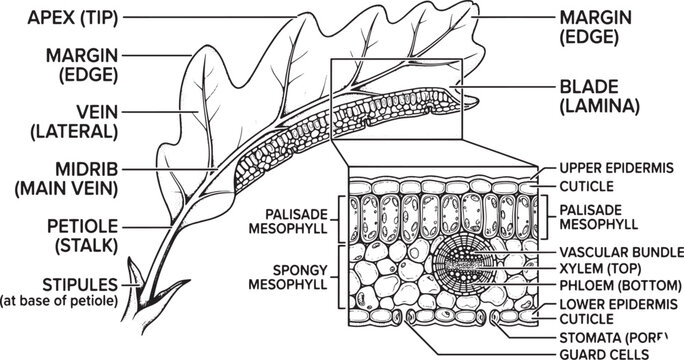 Oak Leaf Anatomy Diagram, Microscopic Structure Detailed scientific illustration of an oak leaf's cross-section, showing cellular structure and venation Educational and botanical study graphic
