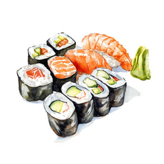 Sushi, illustration watercolor, vector isolated on a white background. © Vendrix