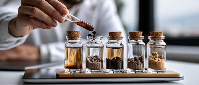 Scientist hand holding dropper soil sample glass jar liquid extract laboratory research environmental science analysis detail cork lid wooden tray curiosity focus