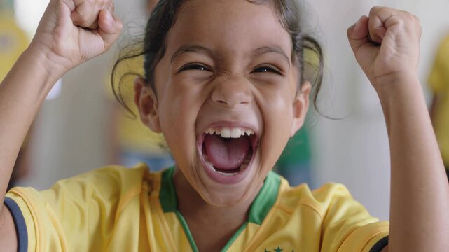 A young girl in a yellow jersey, cheering with all her might, her face alight with excitement and joy