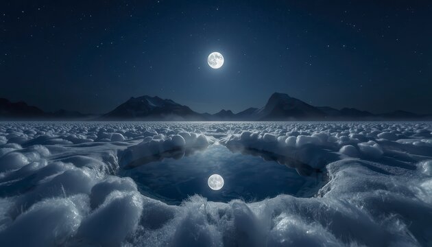 Ultra realistic wide angle night photograph of full moon reflecting in pond surrounded by fluffy snow field