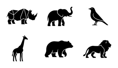 African Wildlife Vector Icons: Elephant, Lion, Rhino, Giraffe Silhouettes. Zoo Animals Collection. © Farjana