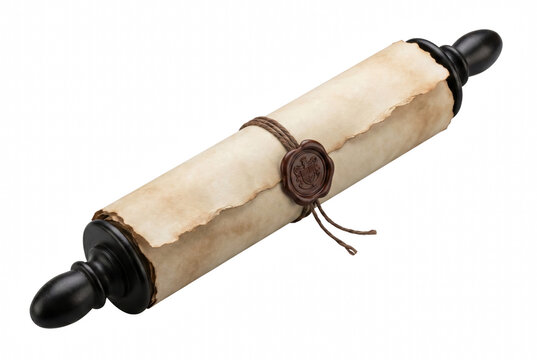 Antique Parchment Scroll with Wax Seal and Wooden Spindle