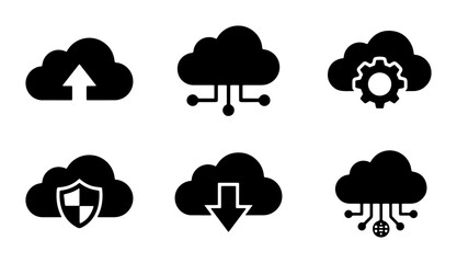 Obraz premium Cloud Computing Icons Set, Digital Data Storage Icons, Network Technology Icons, Security and Upload Download Icons