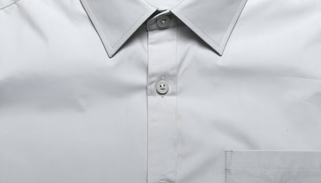 Close-up of a crisp, white dress shirt's collar, buttoned placket, and pocket