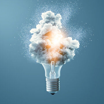 Exploding Light Bulb Idea Concept with Smoke Sparks and Creativity.