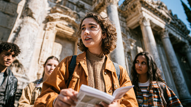 A group of young tourists explores ancient ruins while one woman holds a map and speaks, surrounded by historic stone columns and detailed architecture under a clear sky.