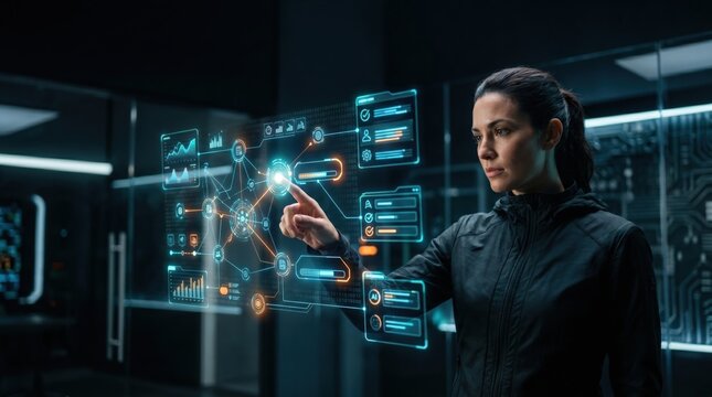 Interactive data analysis by a female scientist in a modern tech laboratory environment