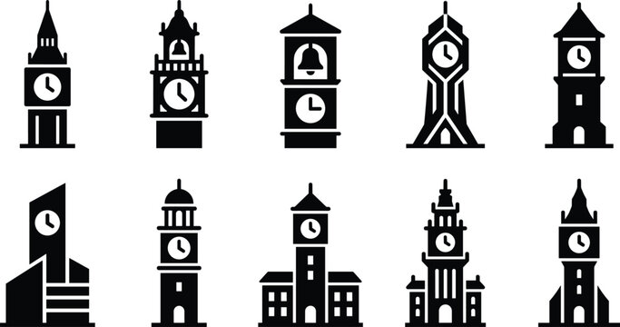 Elegant Collection of Diverse Clock Tower Silhouette Icons Featuring Classic and Modern Architectural Styles for Design Use