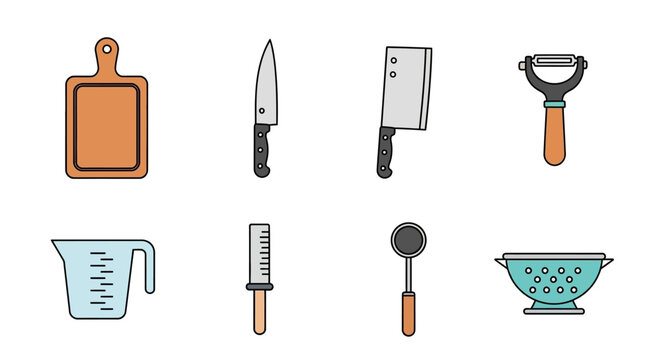 Kitchen Utensils Collection: Chopping Board, Knives, Peeler, Measuring Cup, Strainer