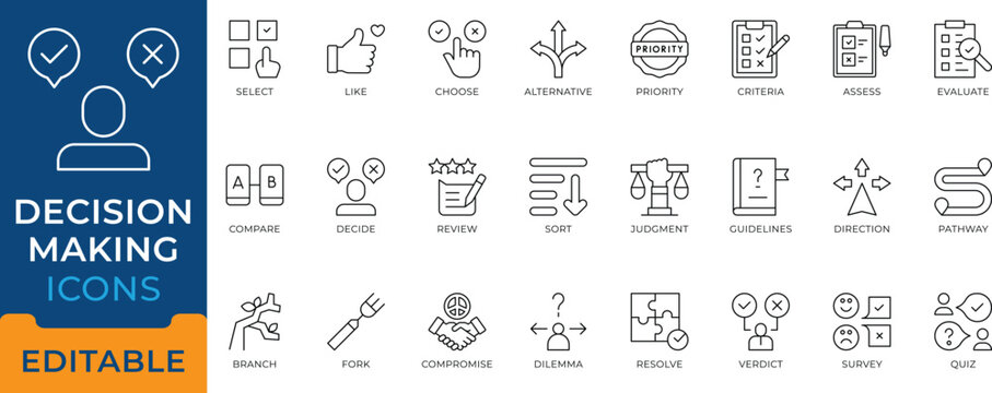 Decision Making Choose Evaluate Priority Compare Judgment Icon Set editable vectors for business strategy, problem solving, and management.