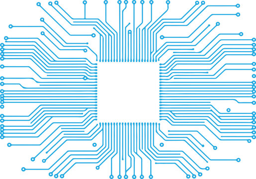 technology Top-Down Microchip Illustration With Circuit Traces Radiating From Central Processor Chip On White Background.