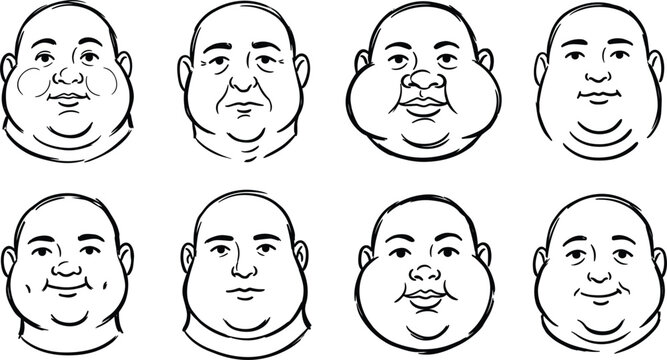 Plus Size Bald Man Avatar Vector Icon Set with Expressive Male Faces, Chubby Shaven Portraits, and Smiling Heavy Head Outlines for Digital App Graphic Designs