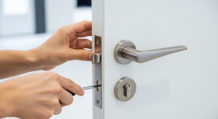 Naklejka premium Woman locksmith repairing door lock with screwdriver. Handyman maintenance service at home. Professional door hardware installation and interior renovation concept. Modern dwelling repair.