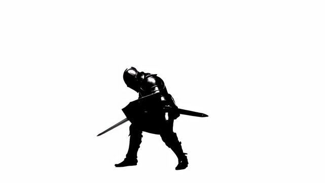 A medieval knight in armor brandishes a sword