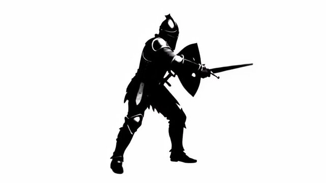 A medieval knight in armor brandishes a sword