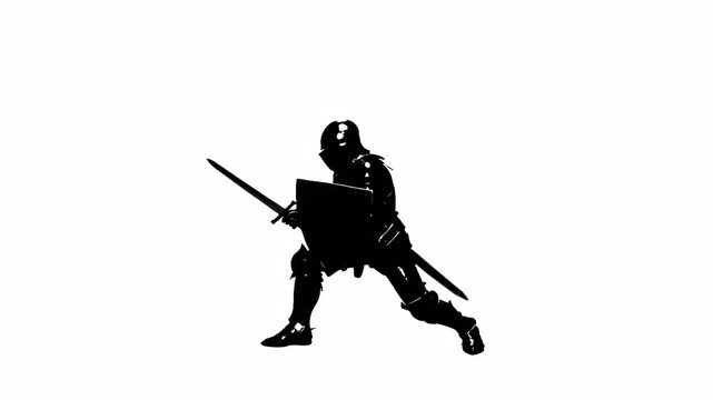 A medieval knight in armor brandishes a sword