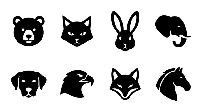 Set of 8 Black Animal Head Icons: Bear, Cat, Rabbit, Elephant, Dog, Eagle, Fox, Horse. Simple Vector Graphics for Wildlife and Pet Themes.