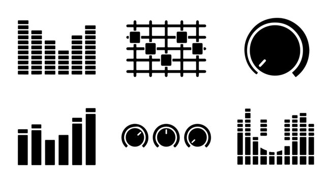 Audio Control Icons: Equalizer Bars, Grid, Volume Knobs, Set for Music Production, Sound Engineering, DJing