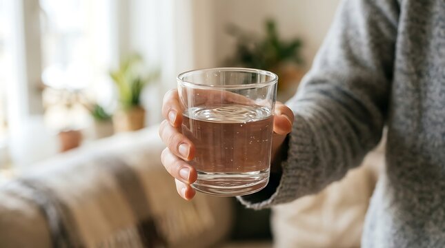 Person Holding a Clear Glass of Water, Close-up View, Indoor Setting, Casual Attire, Natural Lighting, Hydration Concept