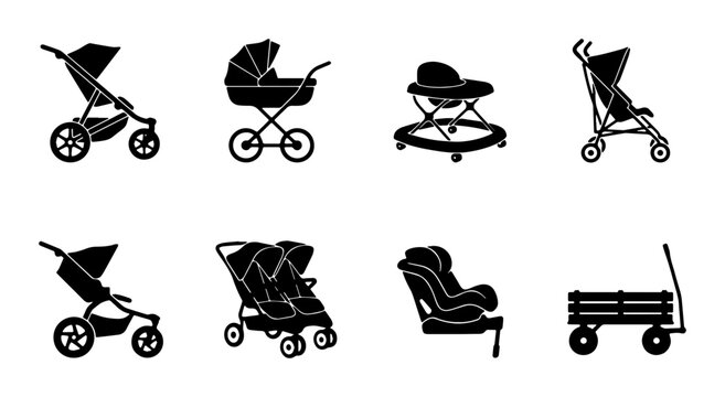 Baby Stroller Collection, Pram Icons, Walker, Car Seat, Wagon Vector Set, Child Transport Silhouettes