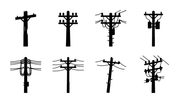 Electricity Pole Silhouettes: Power Line Infrastructure Vector Icons, Utility Transmission Structures Set, Modern Energy Distribution Elements