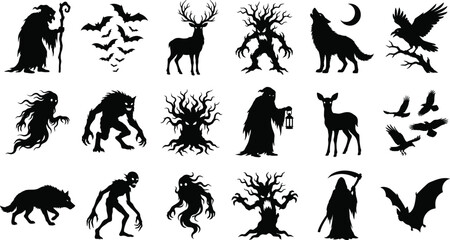 Obraz premium Halloween Horror Creature Silhouette Collection with Ghosts Werewolves Ravens Bats and Dark Fantasy Monsters