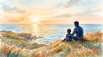 Fototapeta premium Father and Son Admiring Sunset Over the Ocean – Family Bonding