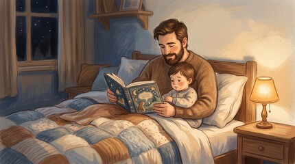 Fototapeta premium Father Reading to Child in Bedtime Story Scene