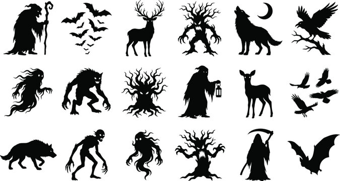 Halloween Horror Creature Silhouette Collection with Ghosts Werewolves Ravens Bats and Dark Fantasy Monsters