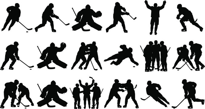 Ice Hockey Player Silhouette Collection with Skating Shooting Goalkeeping Checking and Team Action Poses