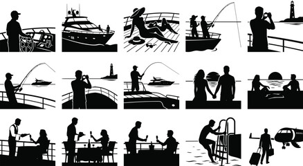 Obraz premium Luxury Yacht Vacation Silhouette Collection Featuring Cruise Travel Fishing Sunset Dining and Leisure Activities