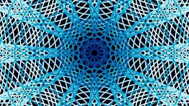 A complex mandala-like pattern of overlapping blue and white circular lines radiates from a dark center against a black background.